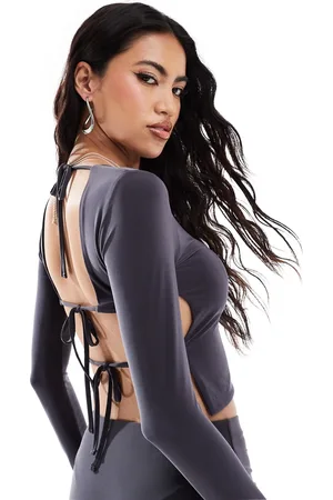 Kaiia Slinky long sleeve tie back top in charcoal (part of a set)-Grey