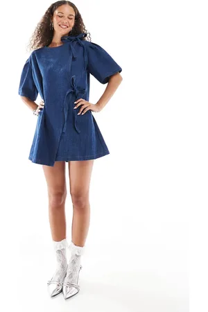 Ghospell Bow detail textured mini dress in dark wash denim-Blue