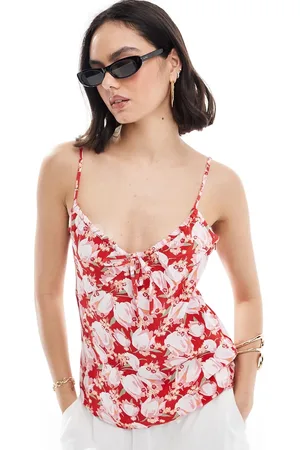 & OTHER STORIES Strappy cami top with front drawstring detail in red multi abstract