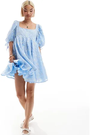Labelrail X Olivia Grace Herring textured puff sleeve smock dress in