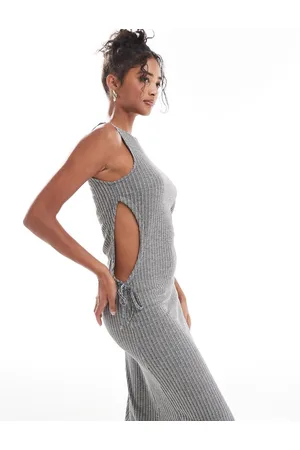 Object Ribbed jersey midi dress in grey melange-Black