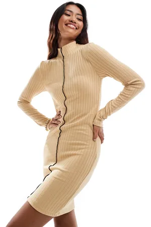 VERO MODA Ribbed jersey mini dress with lettuce edge seam detail in -Neutral