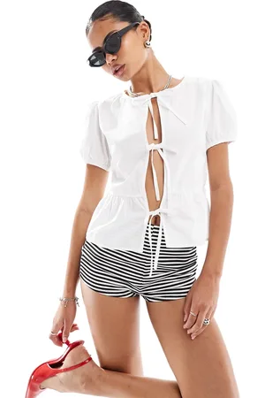 Motel Ryota tie front puff sleeve blouse in