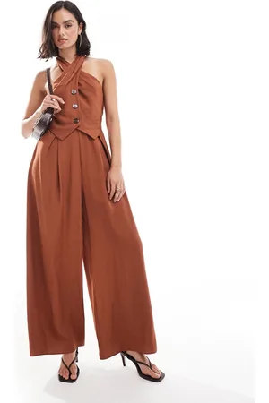 ASOS Twist neck button through jumpsuit-Auburn