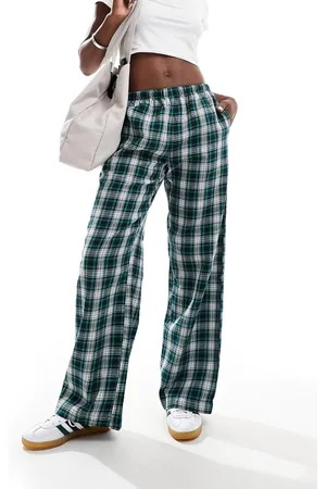 Bershka Tie waist wide leg pants in check