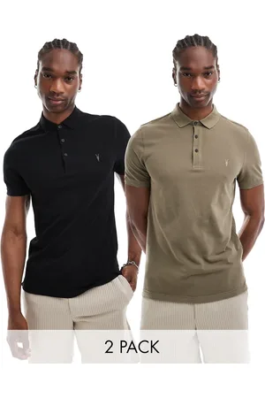 AllSaints Reform 2 pack polo shirts in black / light brown-Multi