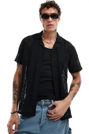 Hollister Short sleeve revere collar lace shirt in black