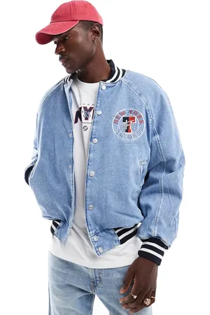 Tommy Hilfiger Letterman denim jacket in light wash-Blue