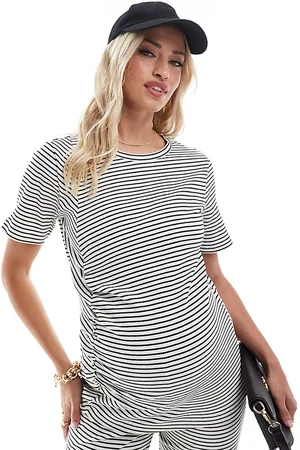 Mama;licious Mamalicious ribbed ruched front short sleeve top in stripe (part of a set)-White