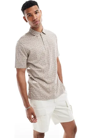 Armani Exchange Polo with tonal all over lettering print in beige-Neutral