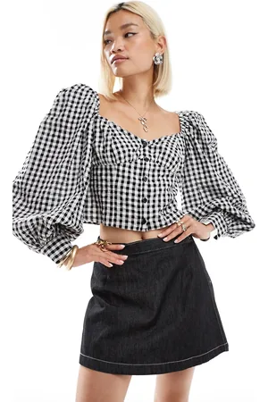 Monki Long sleeve seersucker button front blouse in and white check gingham