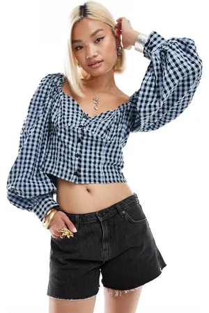 Monki Long sleeve seersucker button front blouse in black and check gingham