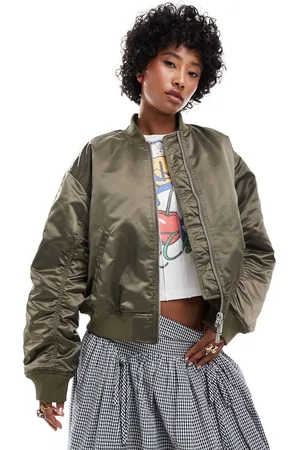 Monki Satin bomber jacket with front welt pockets in with pink lining