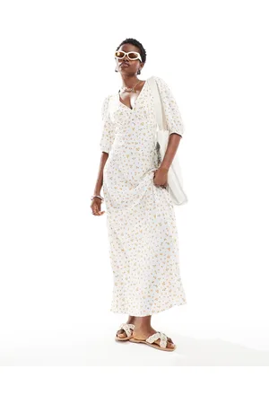 Glamorous V-neck ditsy print midi dress in white and orange