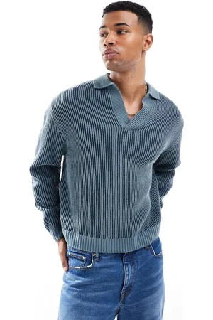 ASOS Oversized knitted notch neck polo in pleated rib