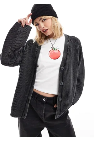 Monki Boxy fit cable knit cardigan in off black