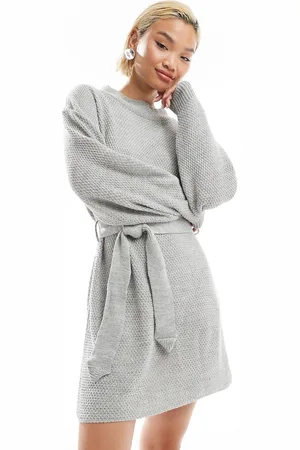 Glamorous Rib knit tie waist mini knitted dress in grey marl
