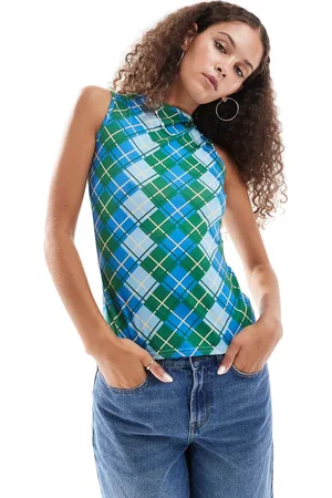 Daisy Street Slinky fitted singlet in blue green argyle