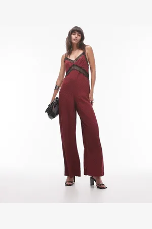 Topshop Midi jacquard jumpsuit in burgundy with black lace bust-White
