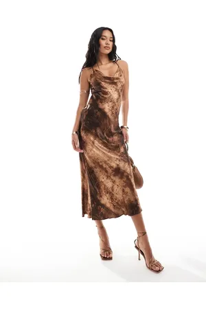 River Island Burnout print maxi slip dress in dark brown