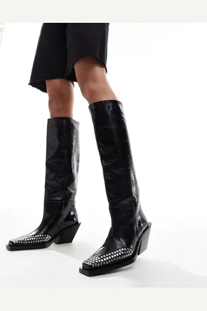 ASOS Cassie premium leather western knee boots with stud detail in black