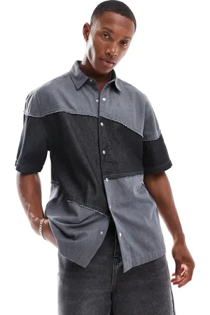 ASOS Boxy relaxed denim shirt with contrast panelling in black-Blue
