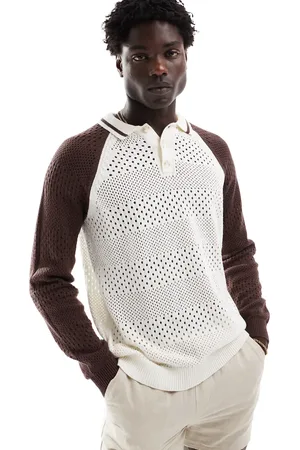ASOS Relaxed knitted pointelle button through polo in with brown contrast sleeves-Neutral