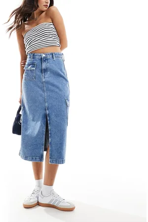 Tommy Hilfiger Claire utility denim midi skirt in mid wash-Blue