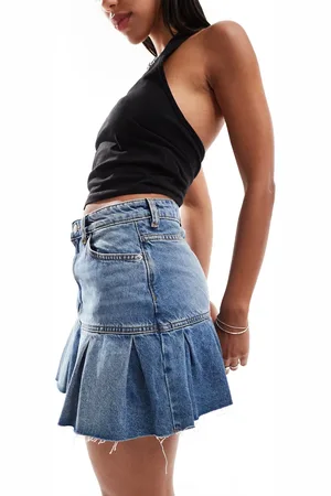 Monki Pleated denim mini skirt in
