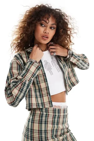 Something New Cropped oversized shirt in navy and beige check (part of a set)