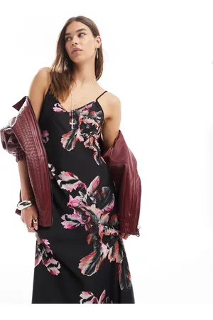 AllSaints Bryony satin maxi dress in black print