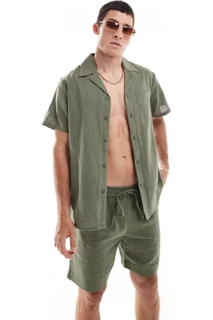 South Beach Textured weave short sleeve beach shirt in olive