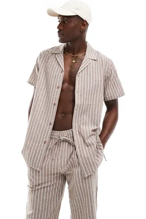 South Beach Linen look stripe short sleeve beach shirt in and white