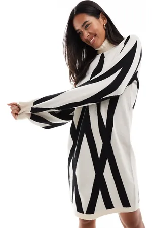 Object Knitted jumper dress with high neck in cream print-Multi