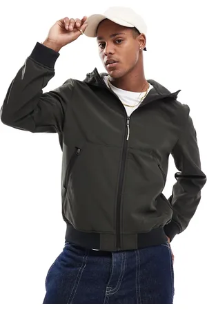 Only & Sons Zip through softshell bomber jacket with hood in dark green