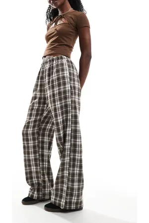 Bershka Tie waist wide leg pants in check