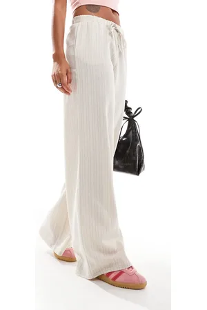 Daisy Street Mid rise wide leg pants in linen stripe-Neutral