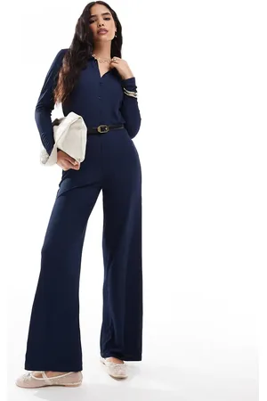 VERO MODA Collared button front jersey jumpsuit in mid blue