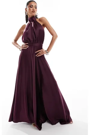 True Violet Satin halter neck maxi dress in midnight -Purple