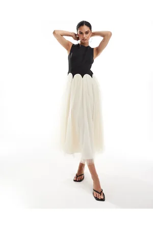 Never Fully Dressed Drop hem maxi dress in black and cream