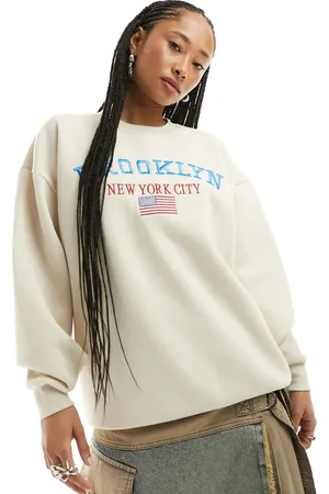 Daisy Street Relaxed fleece sweatshirt with Brooklyn embroidery-White