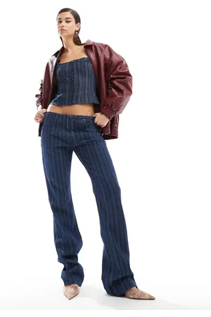 Lioness Denim low rise flared leg jeans in dark blue pinstripe (part of a set)-Navy