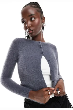Daisy Street Fluffy knit micro cardigan in charcoal-Grey