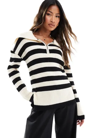 In The Style Half zip jumper in stone and black stripe-Multi