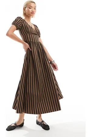Glamorous V neck puff sleeve romantic maxi dress in chocolate black stripe-Multi