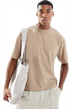 ASOS Relaxed boxy t-shirt in beige pinstripe (part of a set)-Neutral