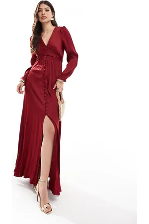 Maids to Measure Bridesmaid long sleeve button front maxi dress in -Red