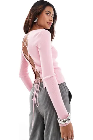 Something New Corpcore open lace up back ribbed top in pink