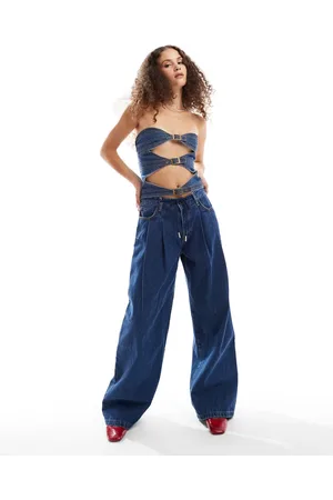 Lioness Low rise tie detail baggy pleat front jeans in wash (part of a set)-Brown