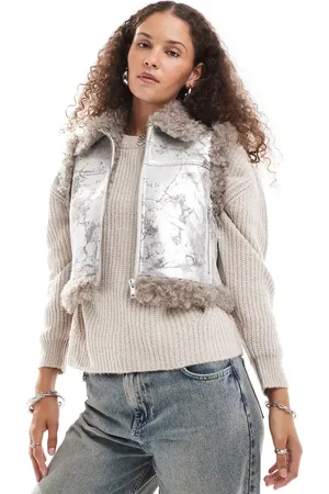 Monki Faux fur aviator vest with shearling trims in distressed